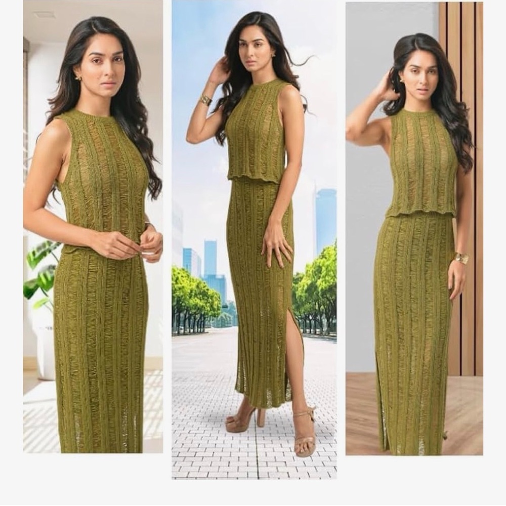 Novelle Olive Green Sleeveless Top & Skirt Set